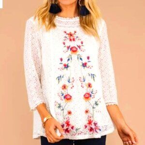 Altar'd State White Lace Floral Embroidered Cottagecore Boho Popover Top Size M